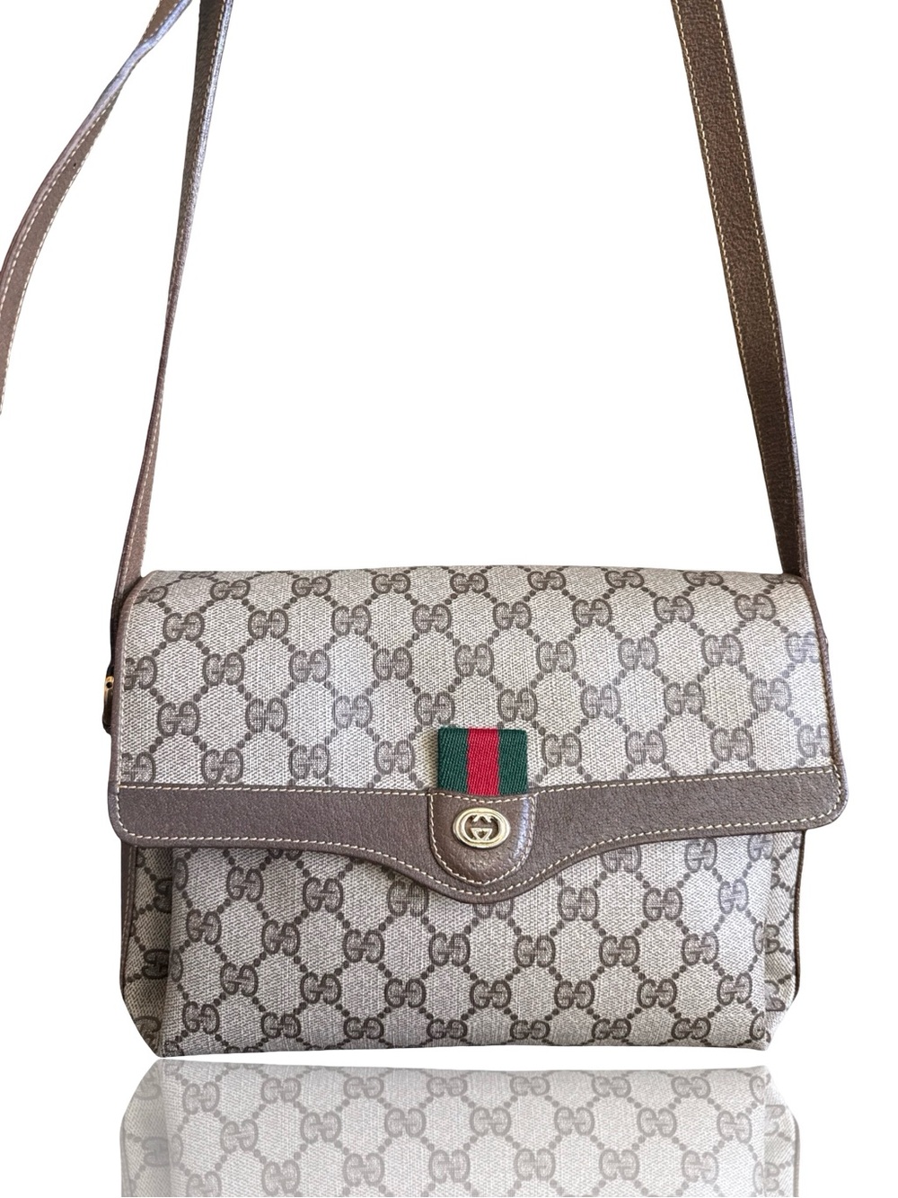 Gucci Beige GG Canvas Shoulder Bag with Brown Leather Trim Crossbody